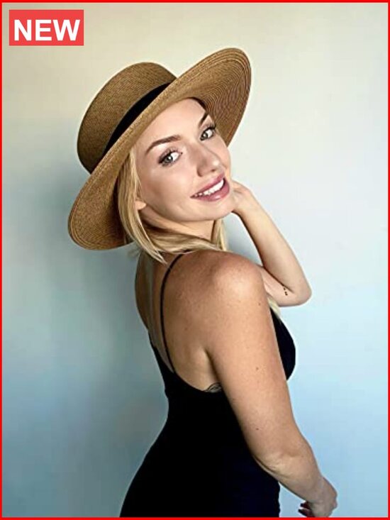 Straw Boater Sun Hat UPF50+ Wide Brim Beach Travel Crushproof